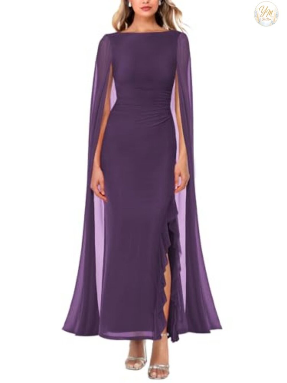 Women's Long Sleeve Off Shoulder Cape Maxi Dress Ruched High Split Formal
